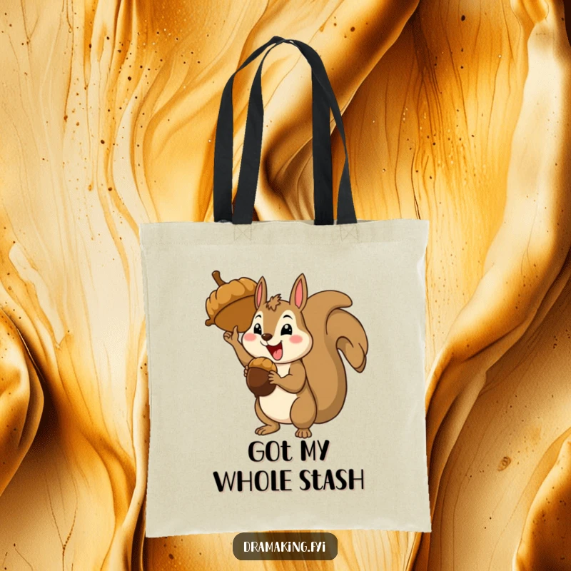 Funny happy squirrel character striking a triumphant pose with a giant acorn, stylish tote bag, celebratory.