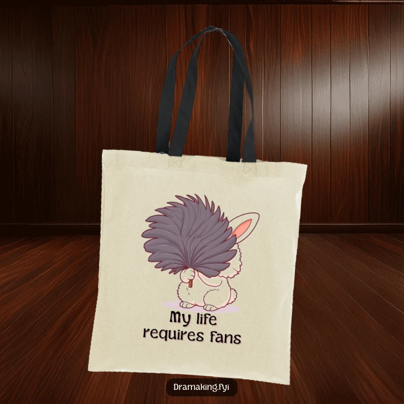 Funny tote bag with a fluffy bunny fanning itself dramatically with a large feather, a stylish and humorous accessory for everyday use.