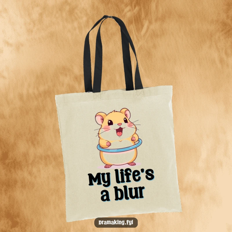 Funny tote bag featuring a cheerful hamster spinning a miniature hula hoop, a humorous pet accessory.